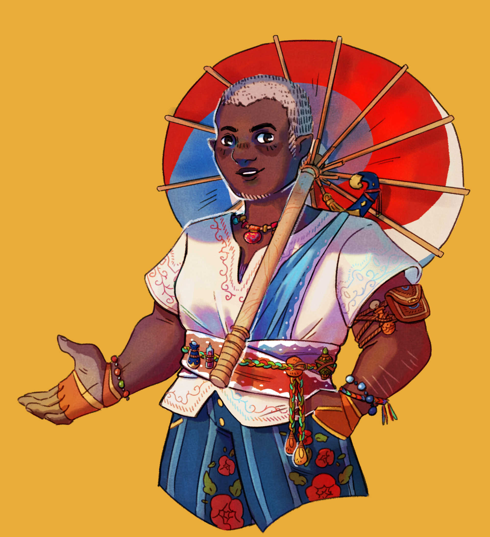 a thigh-up illustration of a character in an embroidered t-shirt tied at the waist with a colorful scarf.