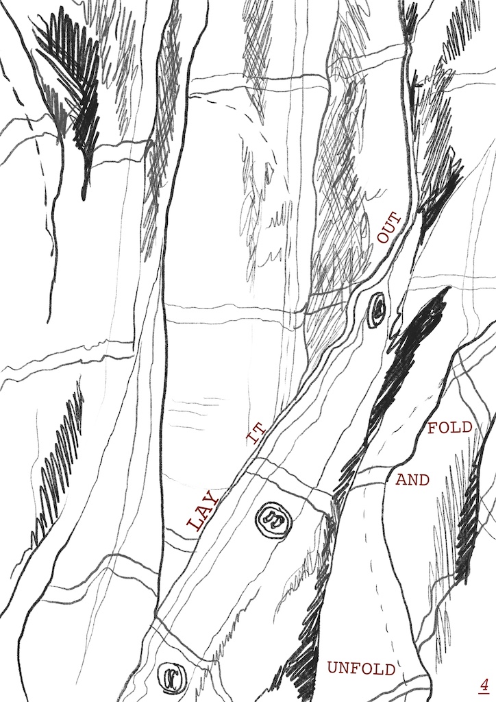 Drawing of a checked shirt in black and grey pencil, with text reading 'lay it out, fold and re fold' in red all-Caps