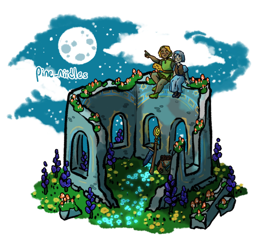 two characters sitting atop the ruins of a tower looking at the moon