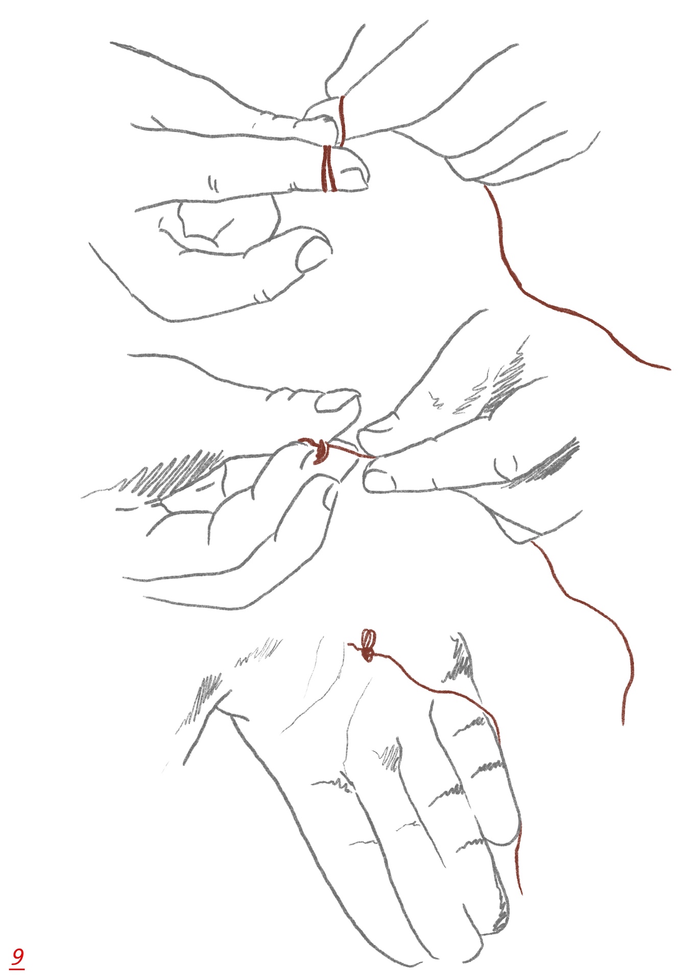 Drawing hands tying a knot in thread in grey and black pencil