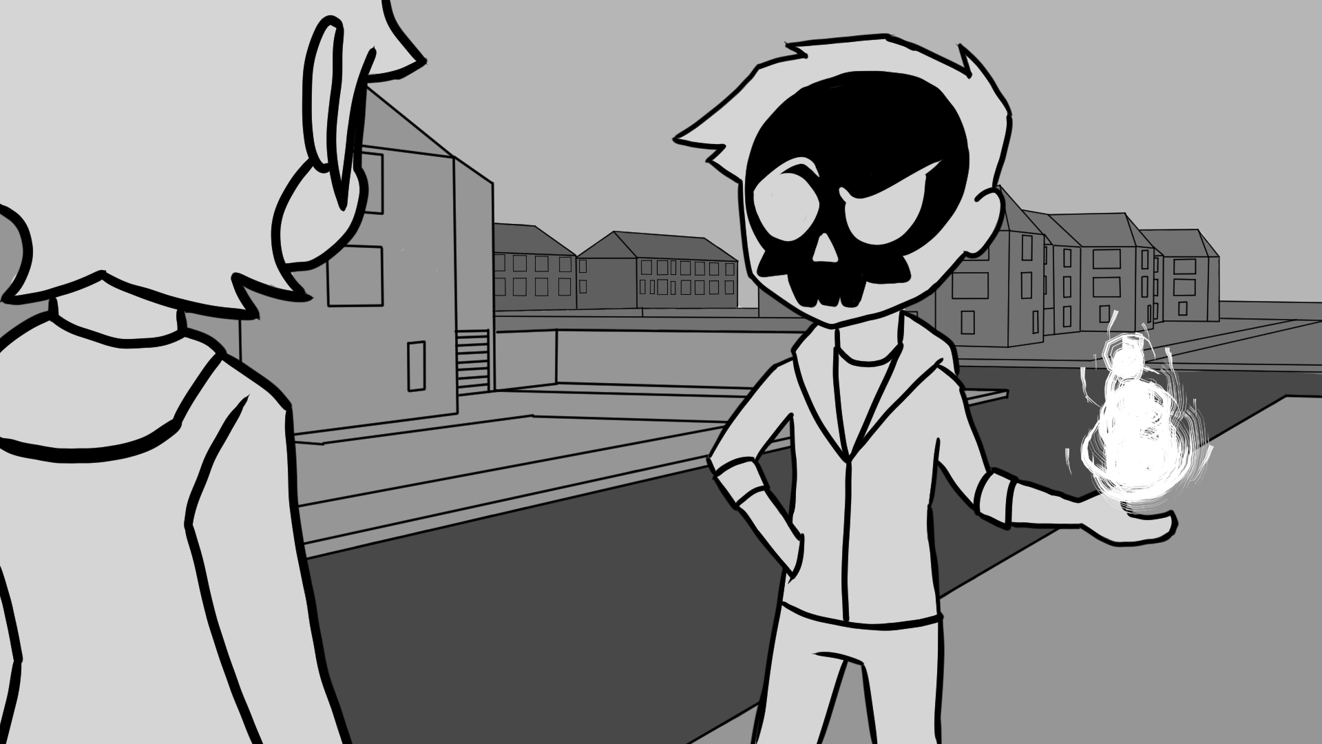 A teenage skeleton being looks incredulously at his friend while displaying his magical ability