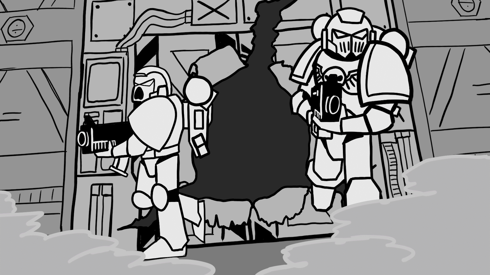 Two soldiers in sci-fi armour charge through a door breach