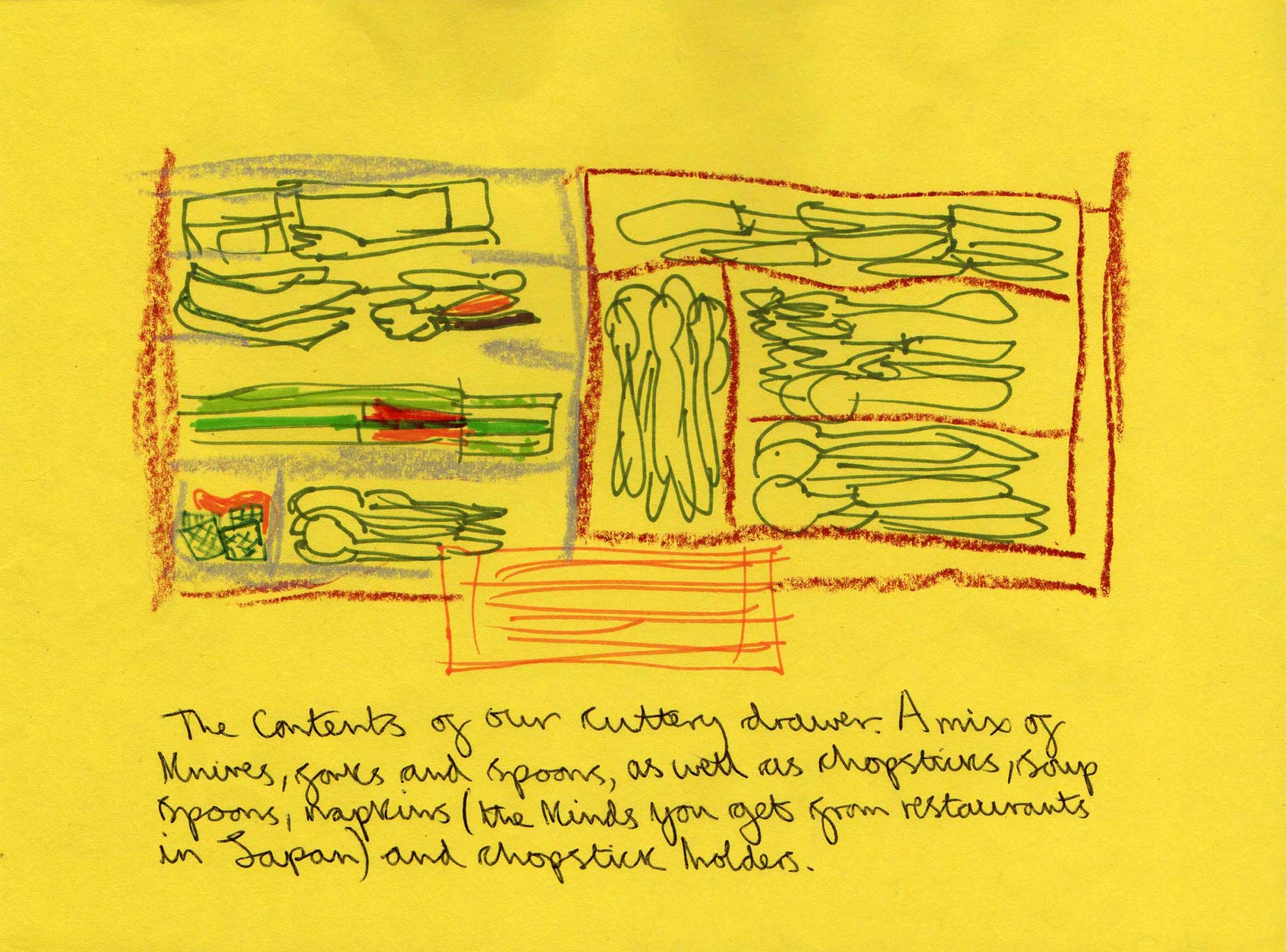 A drawer of Japanese and English cutlery drawn in pastel and felt tip against a yellow background.