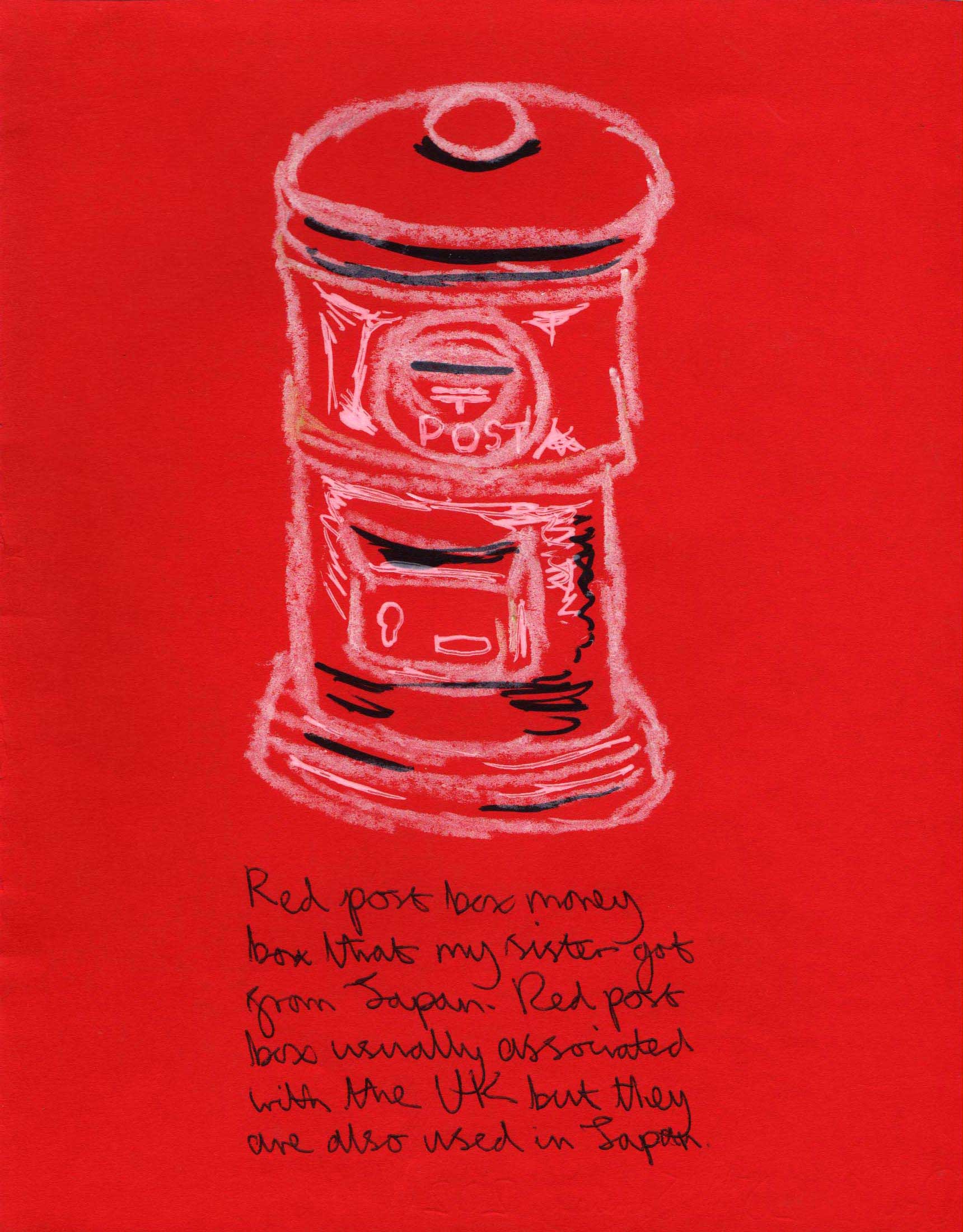 Red post box drawn with white gel pen, white pastel and black brush pen.