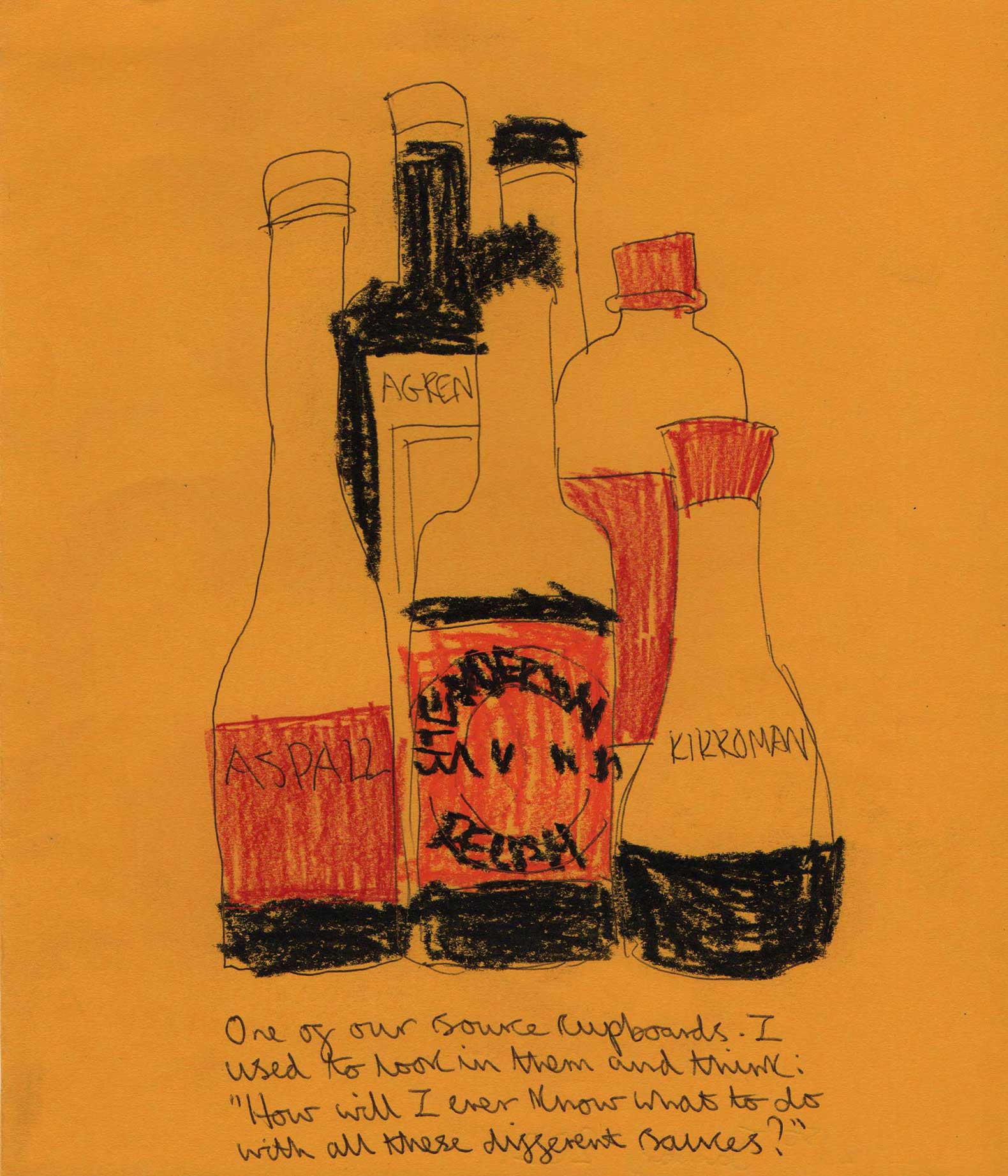 A group of different sauce bottles drawn with black pen, black pastel, red and orange pencil against a mustard yellow background.