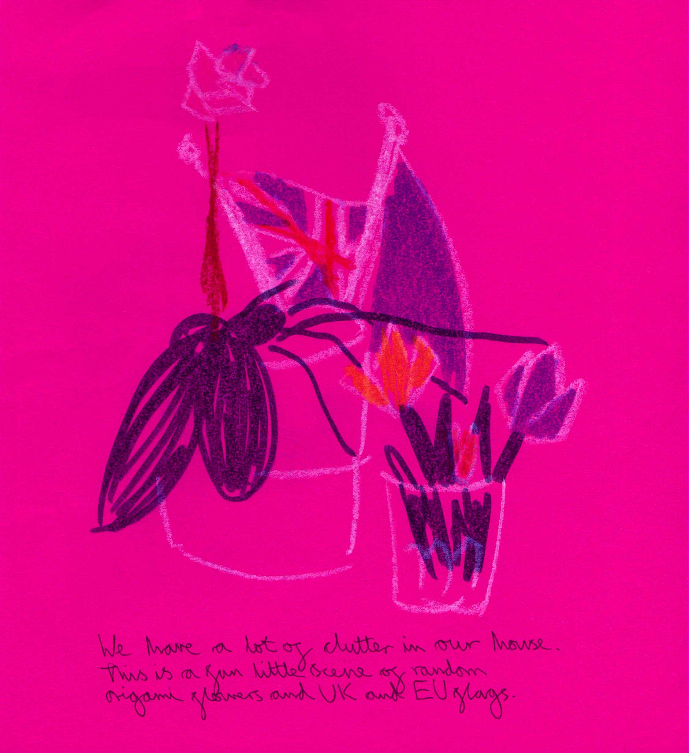 A clutter of real and origami plants with a British flag and an EU flag in plant pots. 