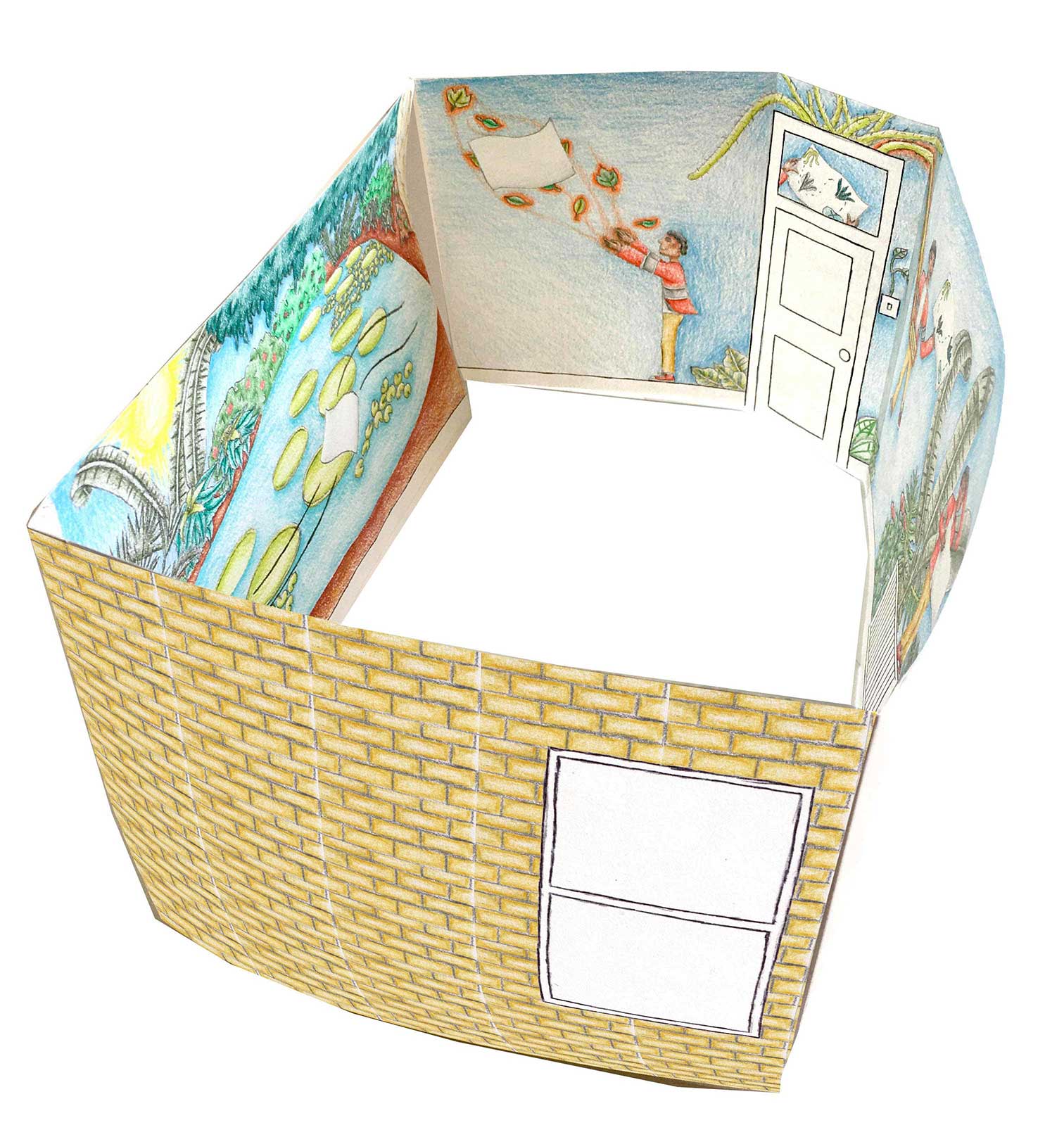 The physical mock up of the concertina from one angle with a brick pattern around the outside and the illustrated narrative on the walls on the inside.