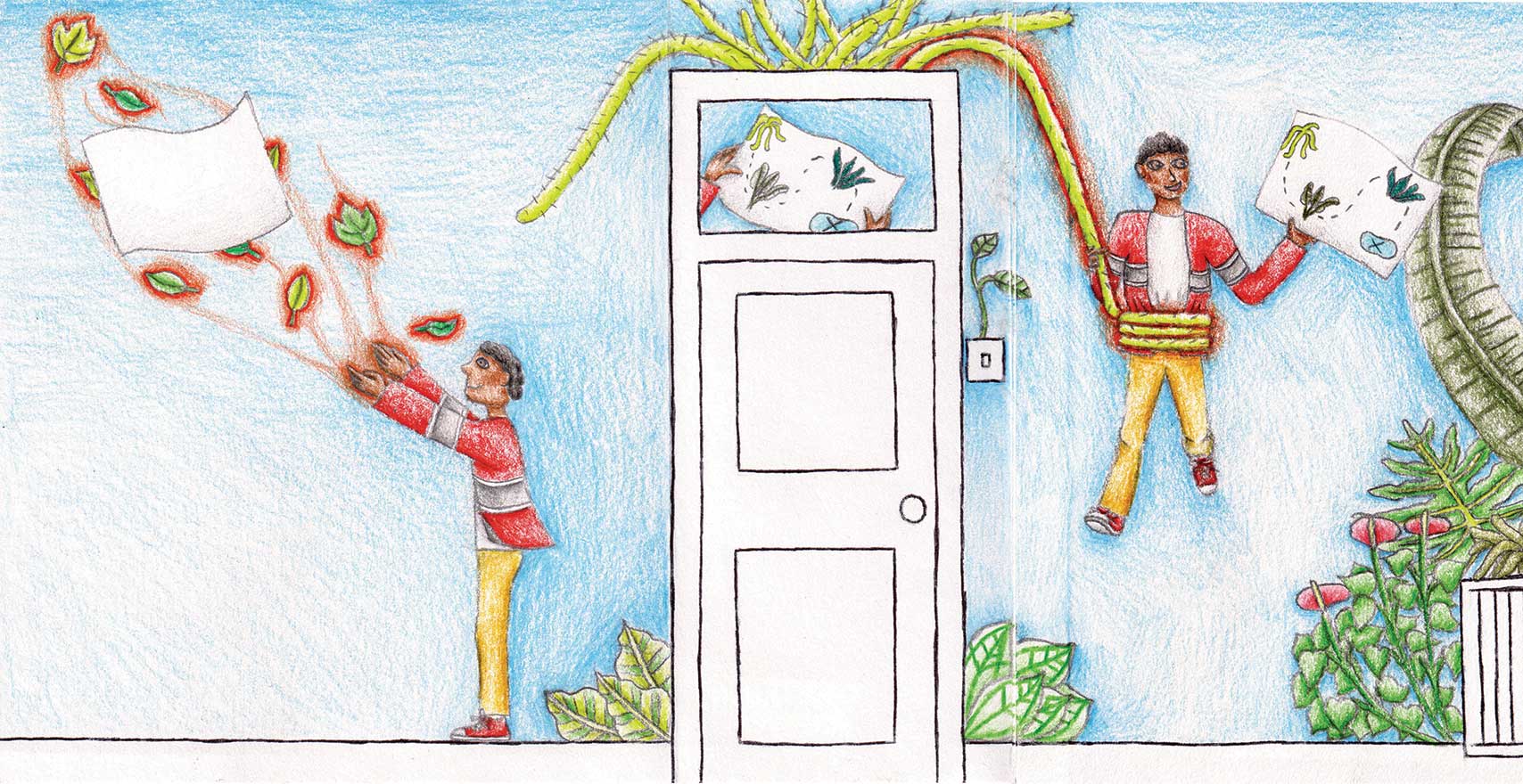 A boy who has superpowers of controlling leaves finds a map. The window shows a close up image of the map. Next to the door, the boy manipulates some vines to lower him from the door as he follows the map.