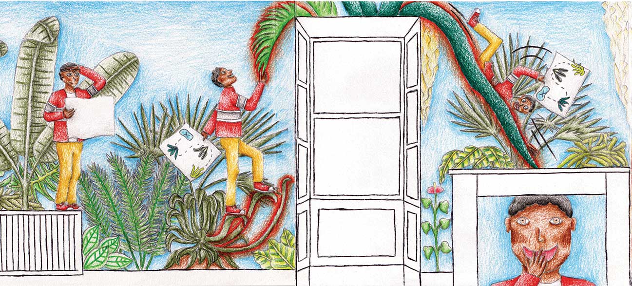 Many exotic plants in the background. The boy uses his superpowers in various ways to climb and overcome obstacles. A space in the fireplace shows a close up of the boy's excited face.