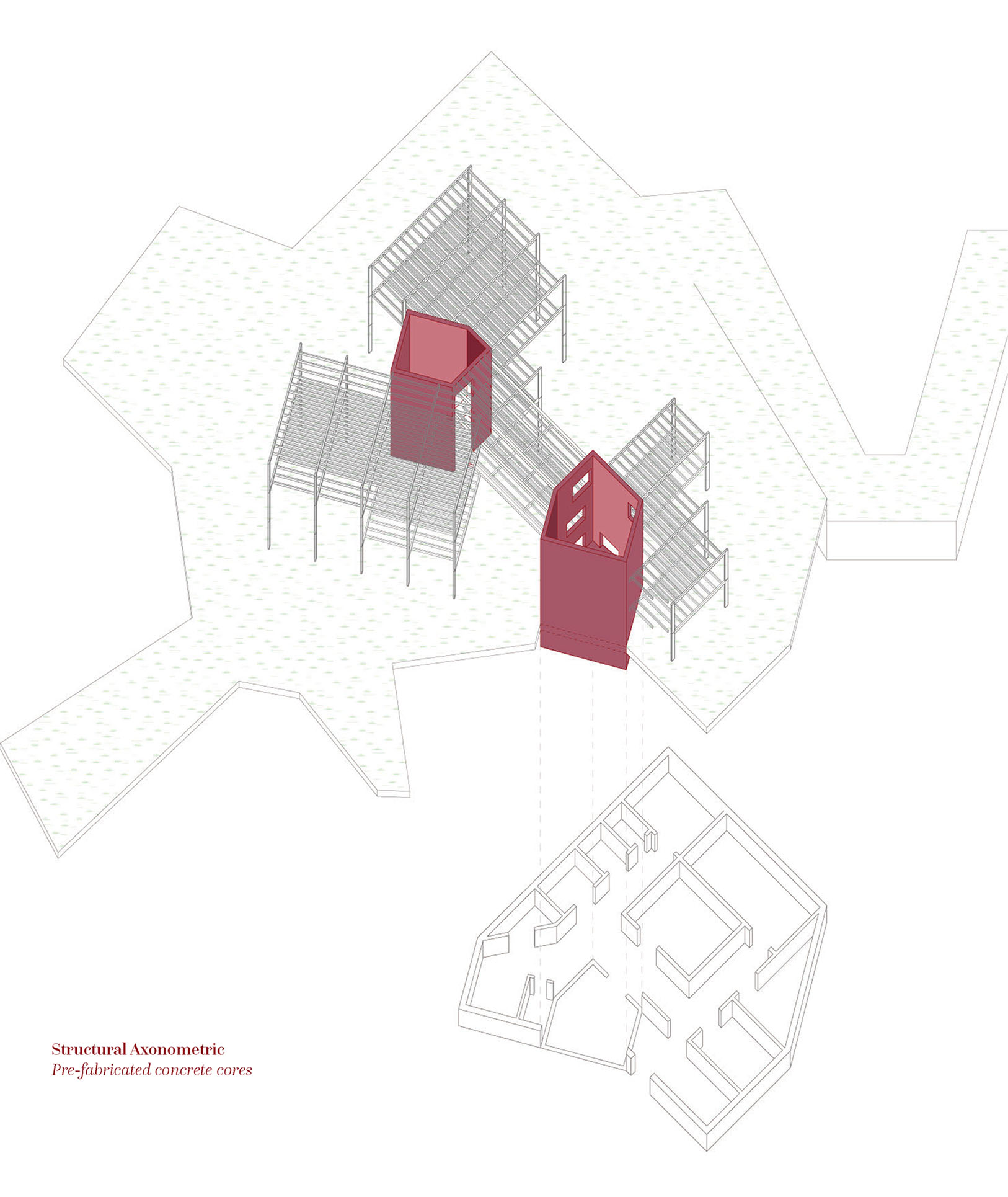 Axonometric highlighting concrete core structure.