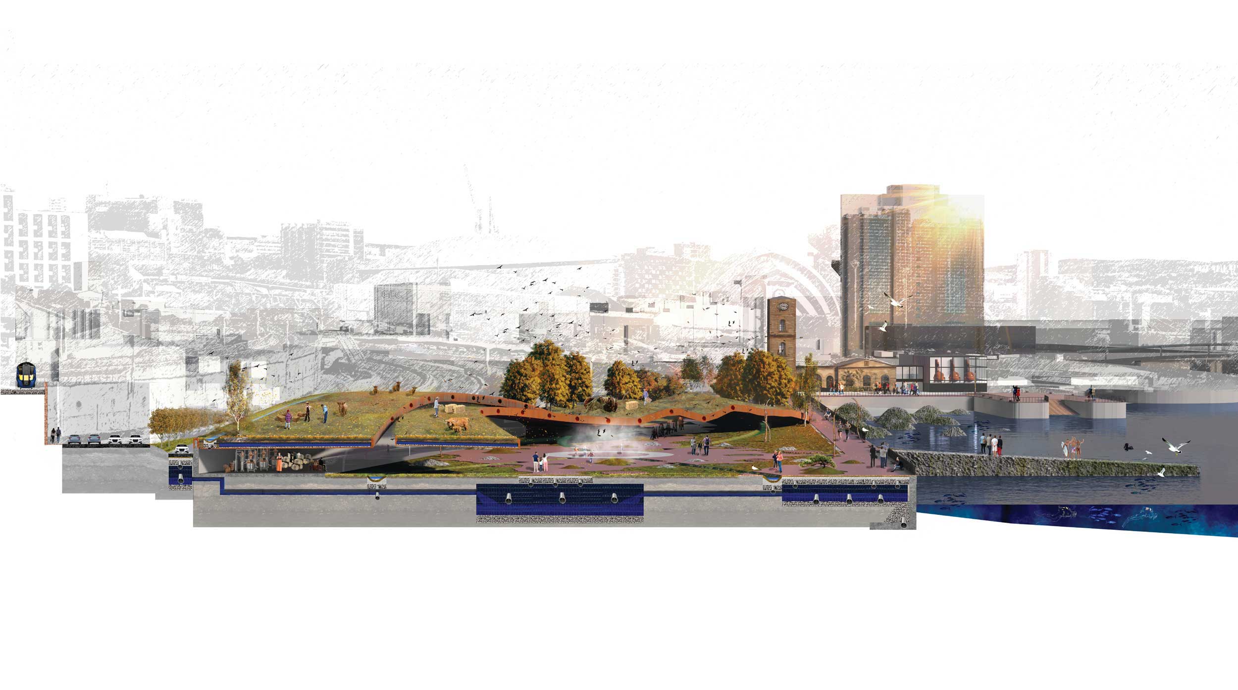 Freshwater & rooftop management and spatial programmes in Autumn view