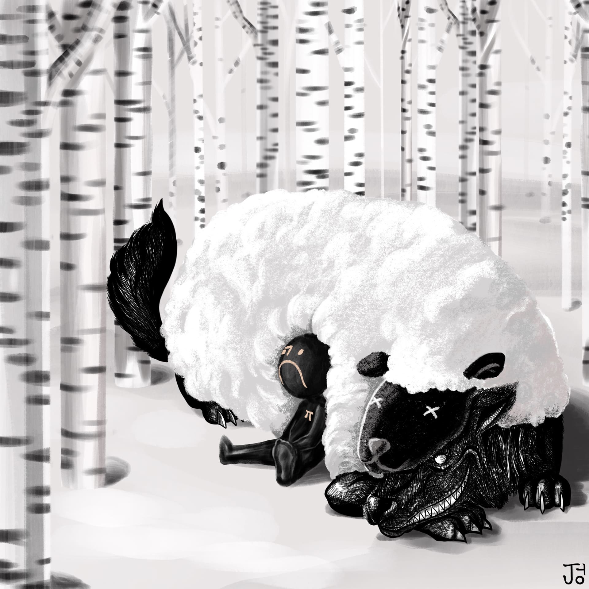 A sad looking character with a mathematical 'pi' symbol on his chest is comfortably sitting next to the fluffy white sheep, not aware of the wolf hiding underneath the sheep skin.