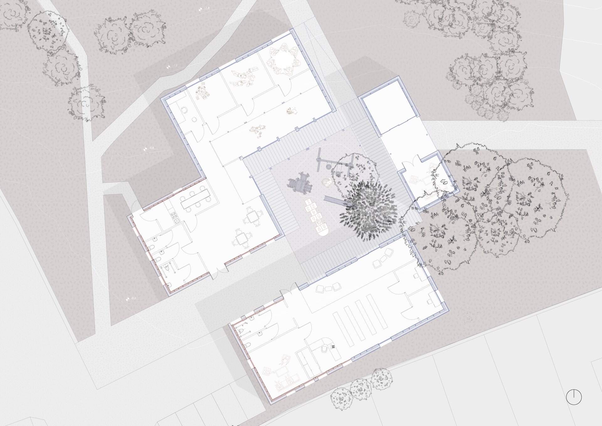 Floor plan showing the nursery, library and the community spaces. 
