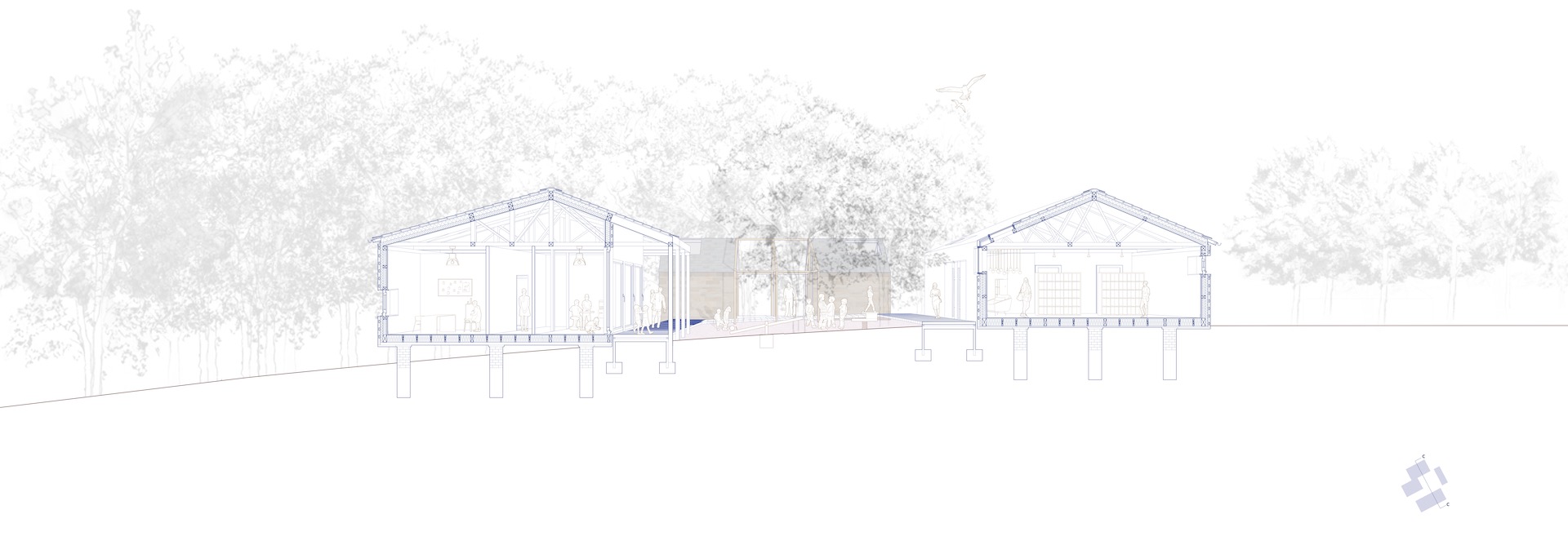 1:50 short section through the nursery, courtyard, and the library. 