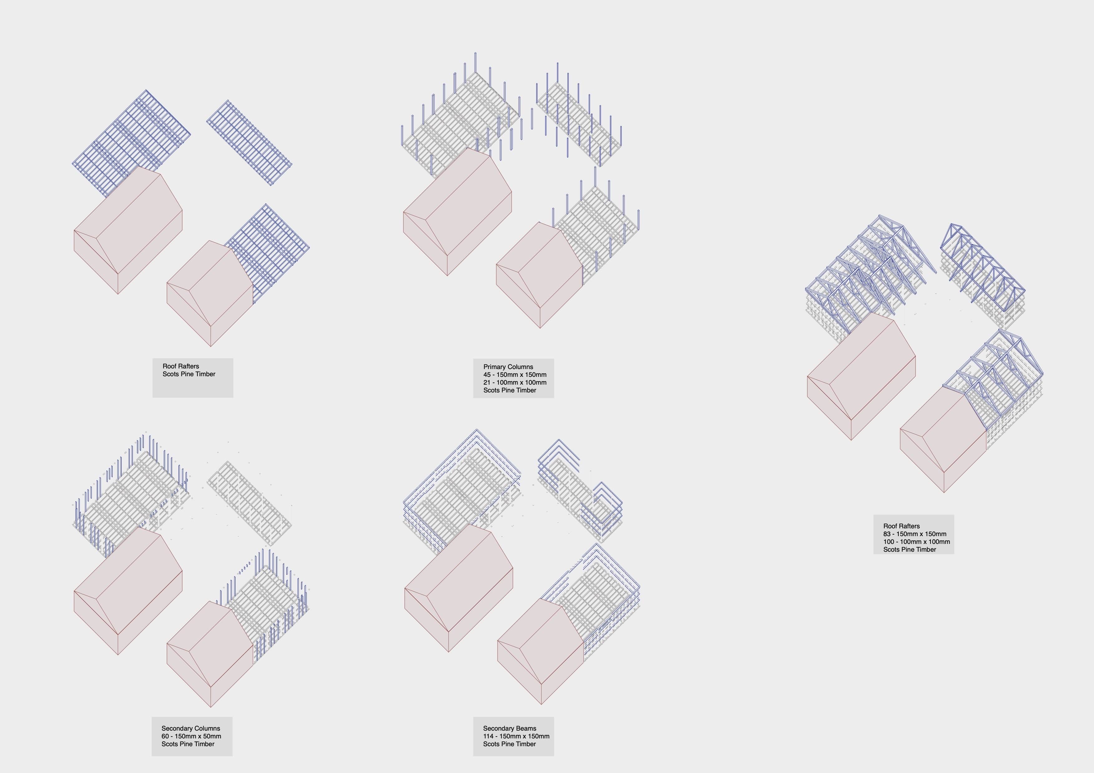 Series of axonometric diagrams showing the structural sequence and quantities. 