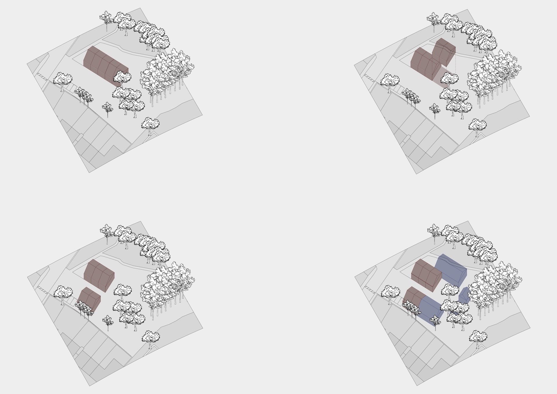 Series of axonometric diagrams showing the massing movement of existing and new buildings on site. 