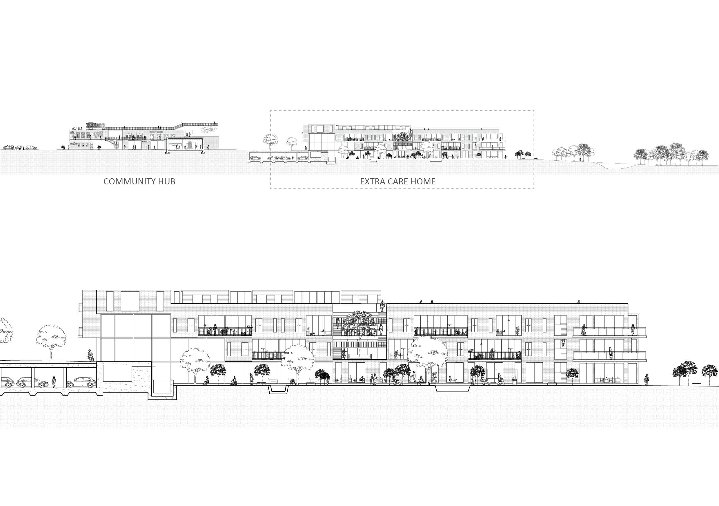 Site section with zoomed extra care home elevation