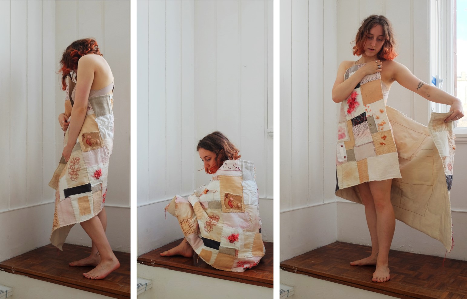 Photograph series of me wrapped within the quilt