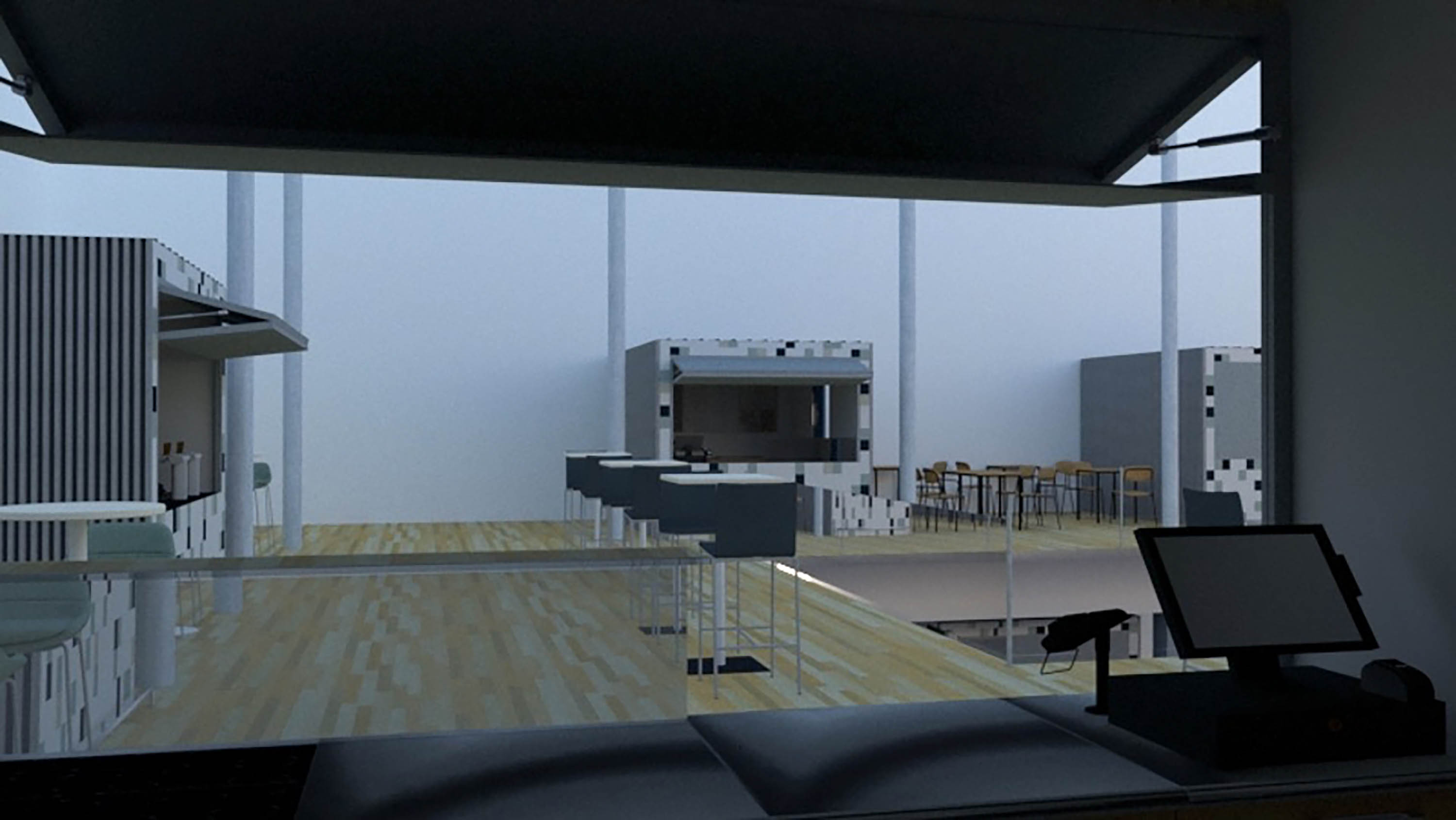 View of high seating from inside far corner unit