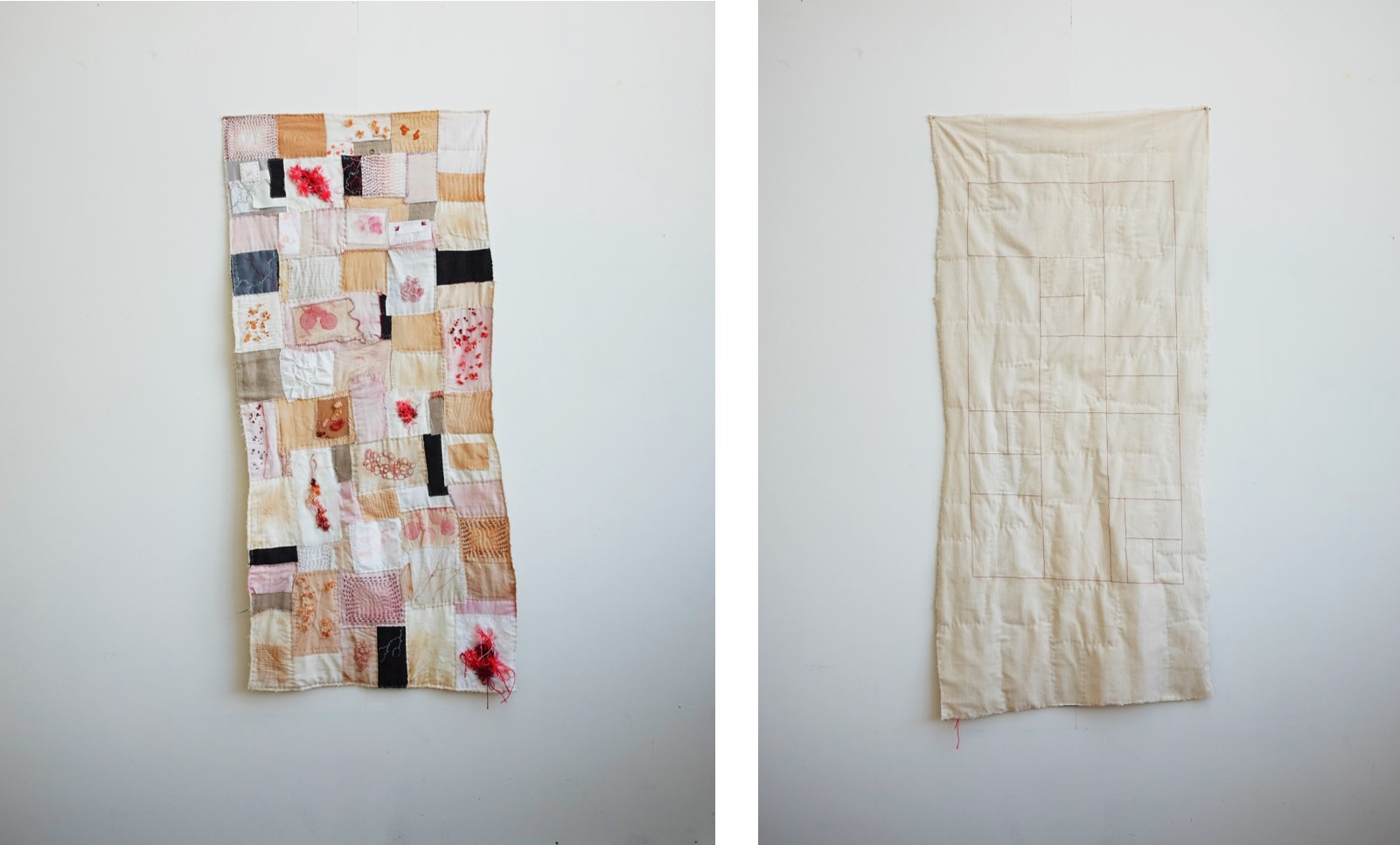 Patchwork quilt, embroidered and hand dyed squares
