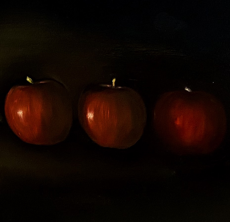 Sarah Ogilvie '3 apples' Oil on panel, 10x10inches, 2021