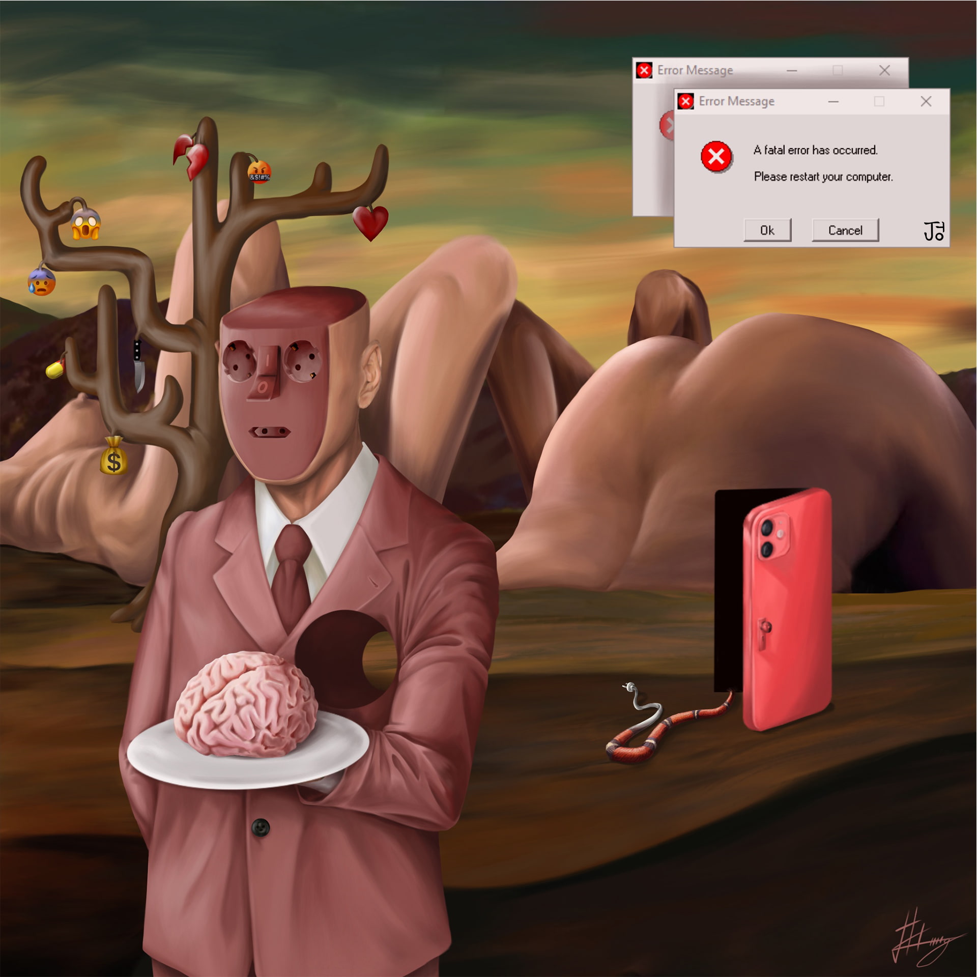 A faceless man with a hole in his chest area is standing in a waiter's posture, holding on a plate with his brain on it. He is in a world with mountains in shapes of naked human bodies, a tree with emojis as its fruits, and a snake that's half cable line. The gate to this world is a door that looks like a digital phone. 