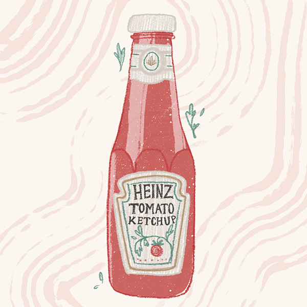Digital spot illustration of a glass bottle of ketchup from my 2022 seasonal recipe calendar. The background is pink and swirly.