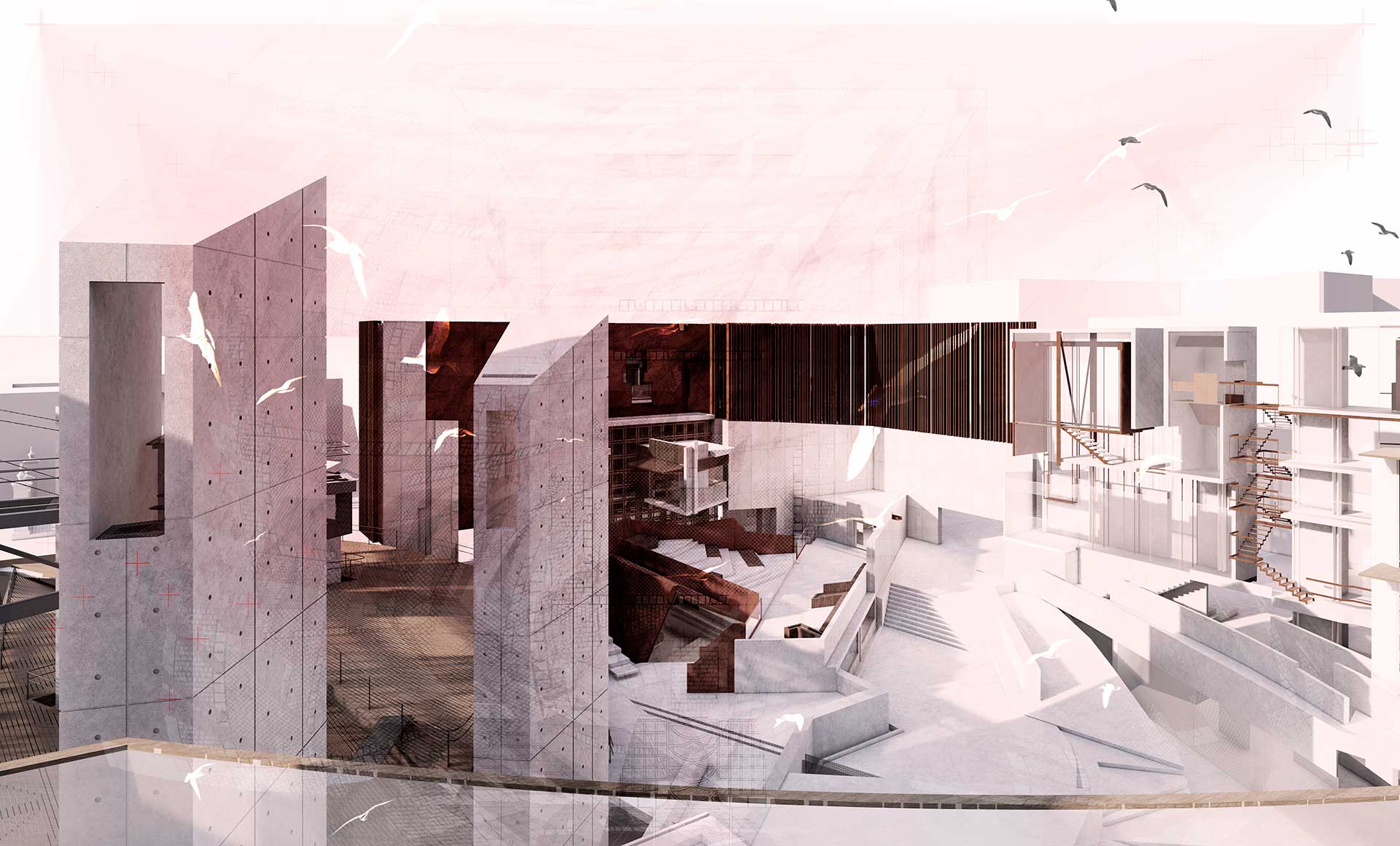 Collage visual perspective of architectures colliding.