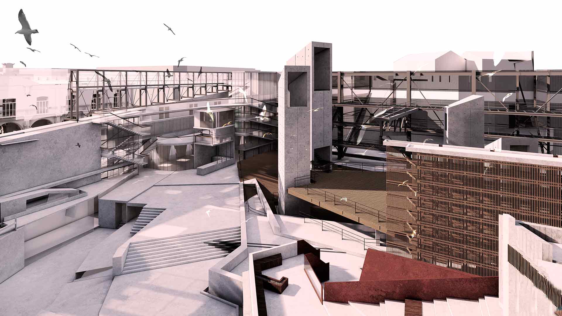 Collage visual perspective of architectures colliding.
