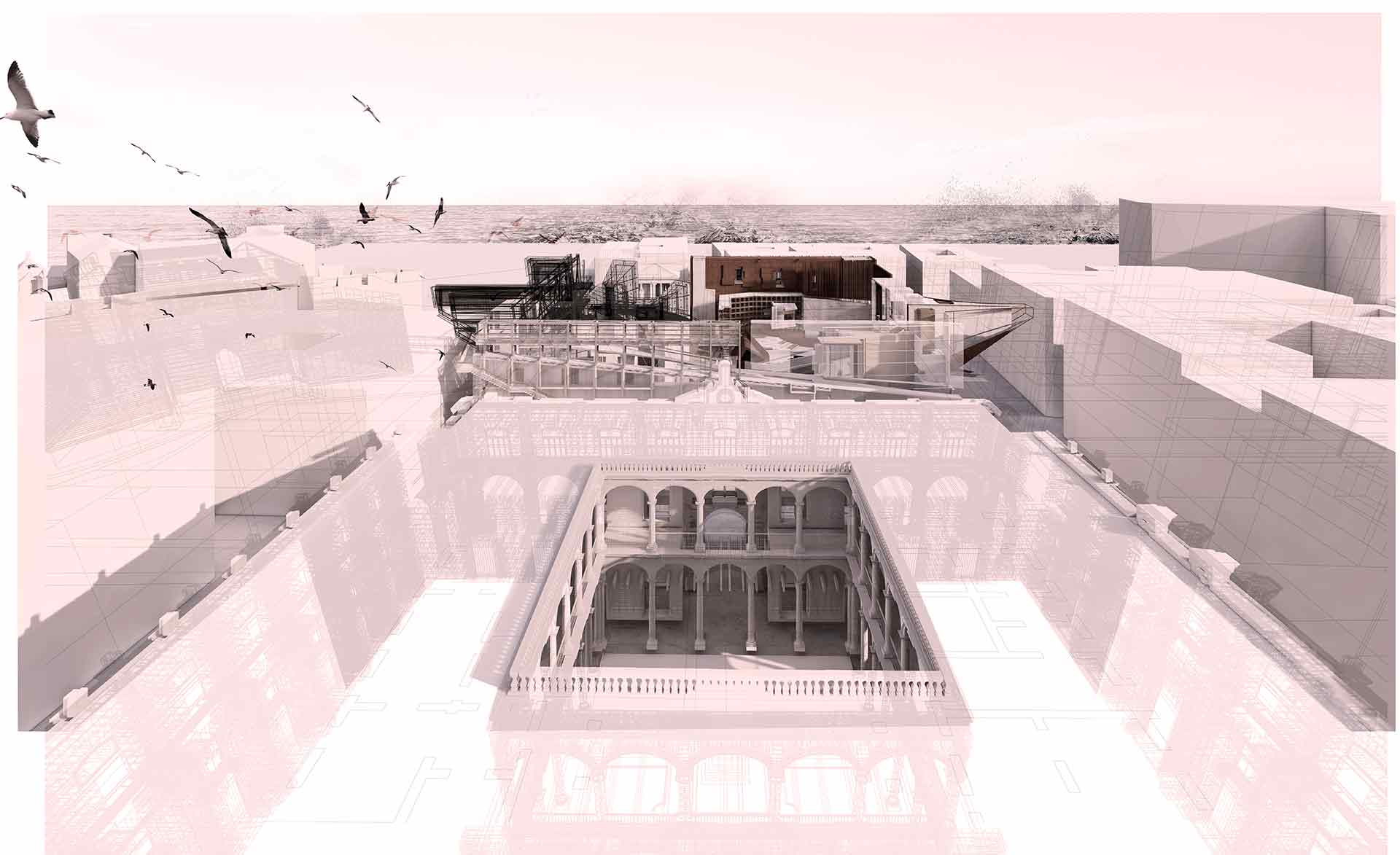 Aerial visual of the ateliers' design composition in situ.