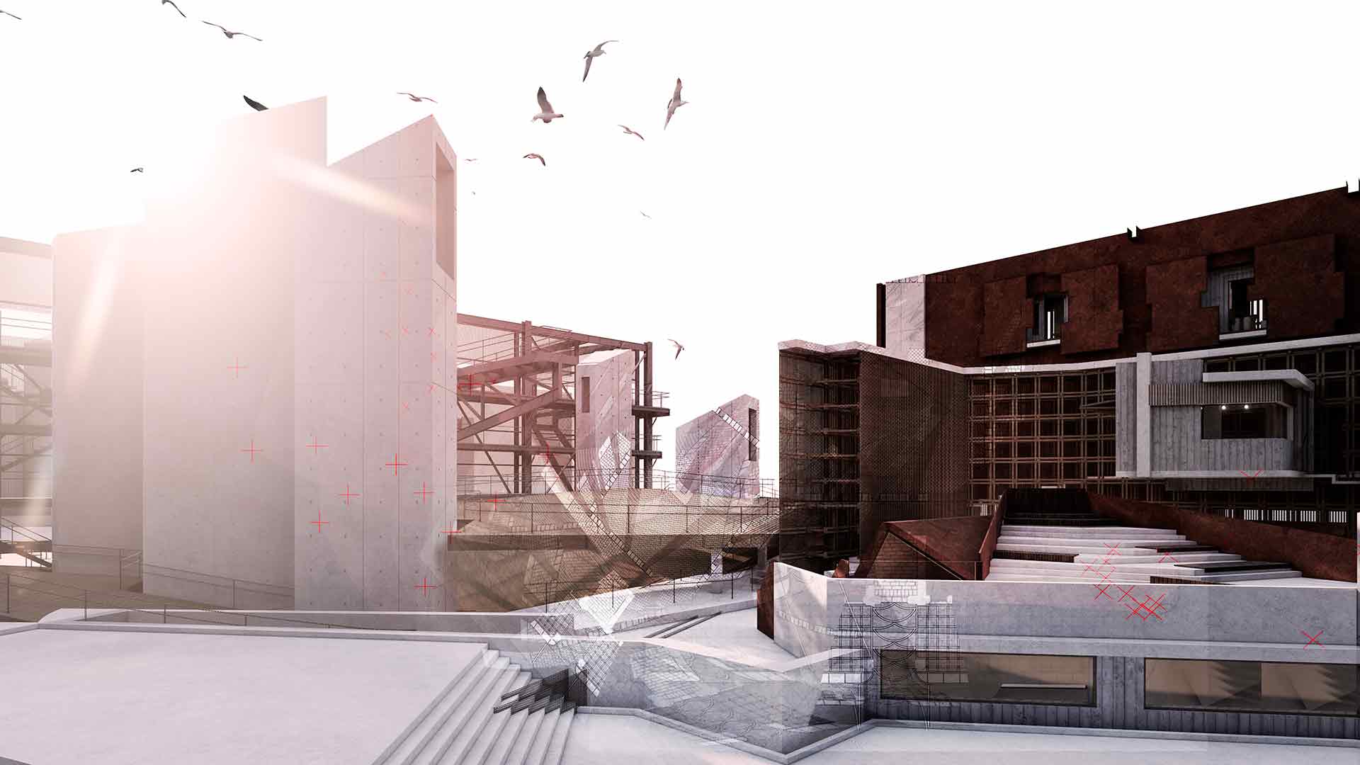 Collage visual perspective of architectures colliding.