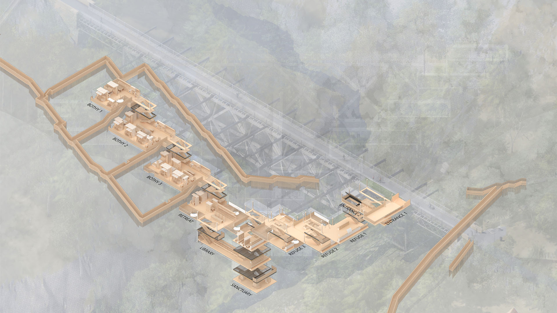 Isometric Plan showing the location of different zones in the Bield