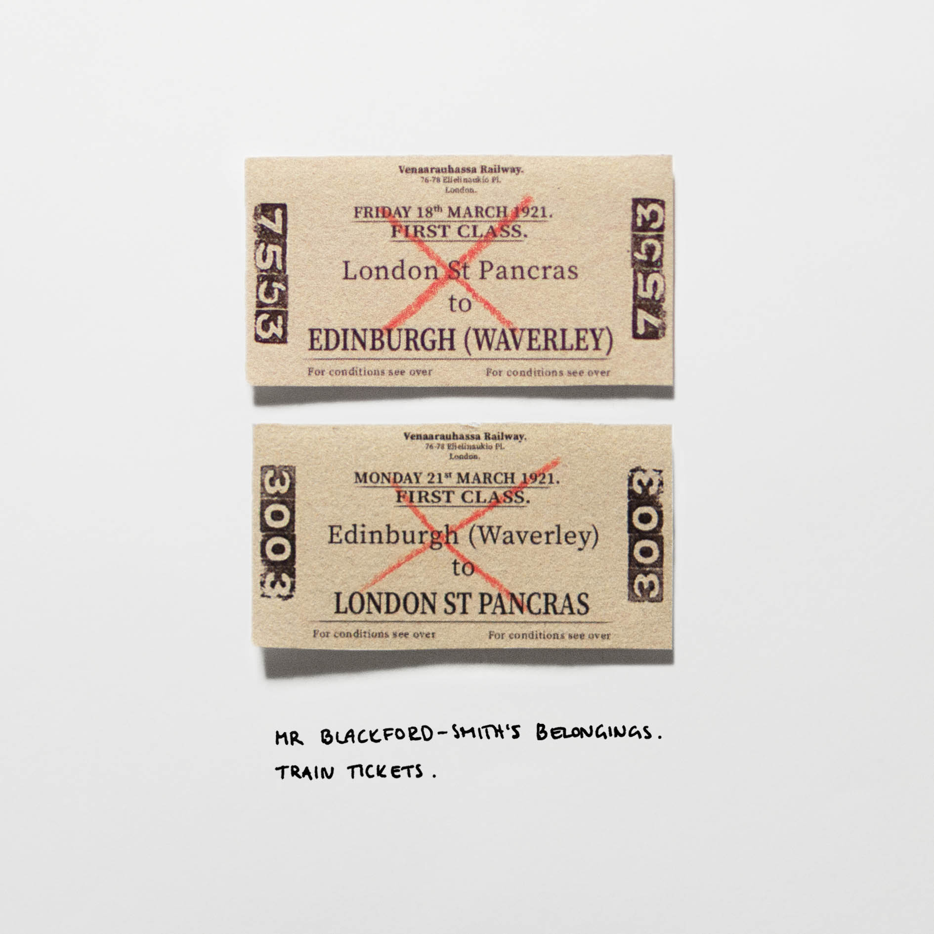 Mr Blackford-Smith's belongings. Train tickets.