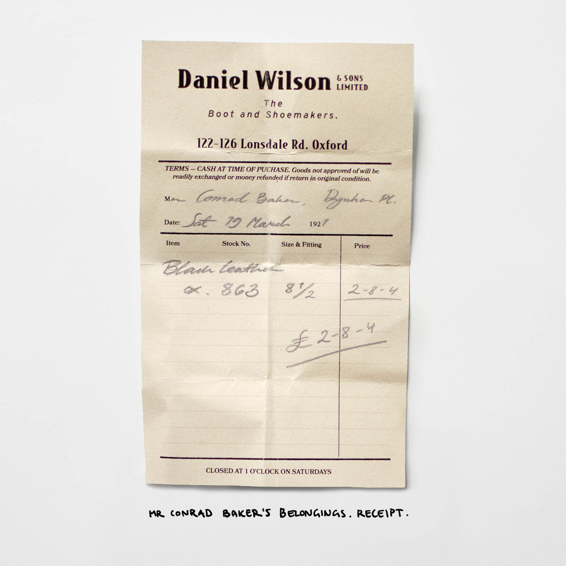 Mr Conrad Baker's belongings. Receipt.