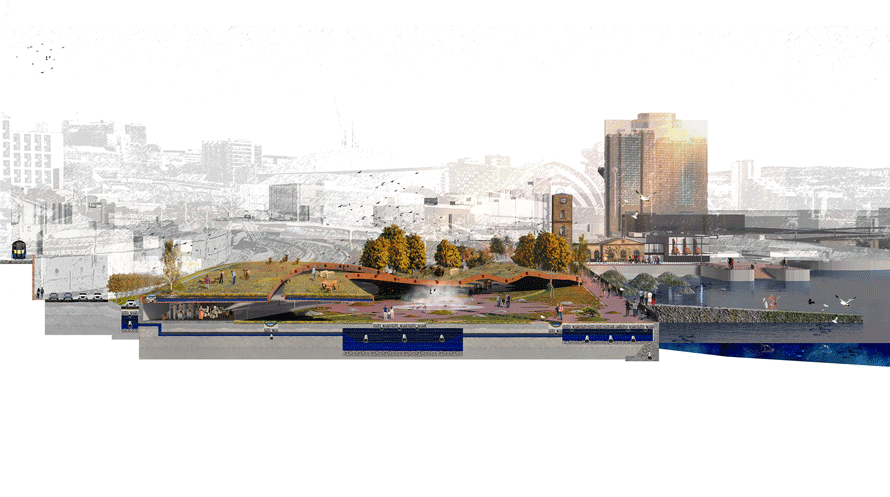Freshwater & rooftop management and spatial programmes in autumn view