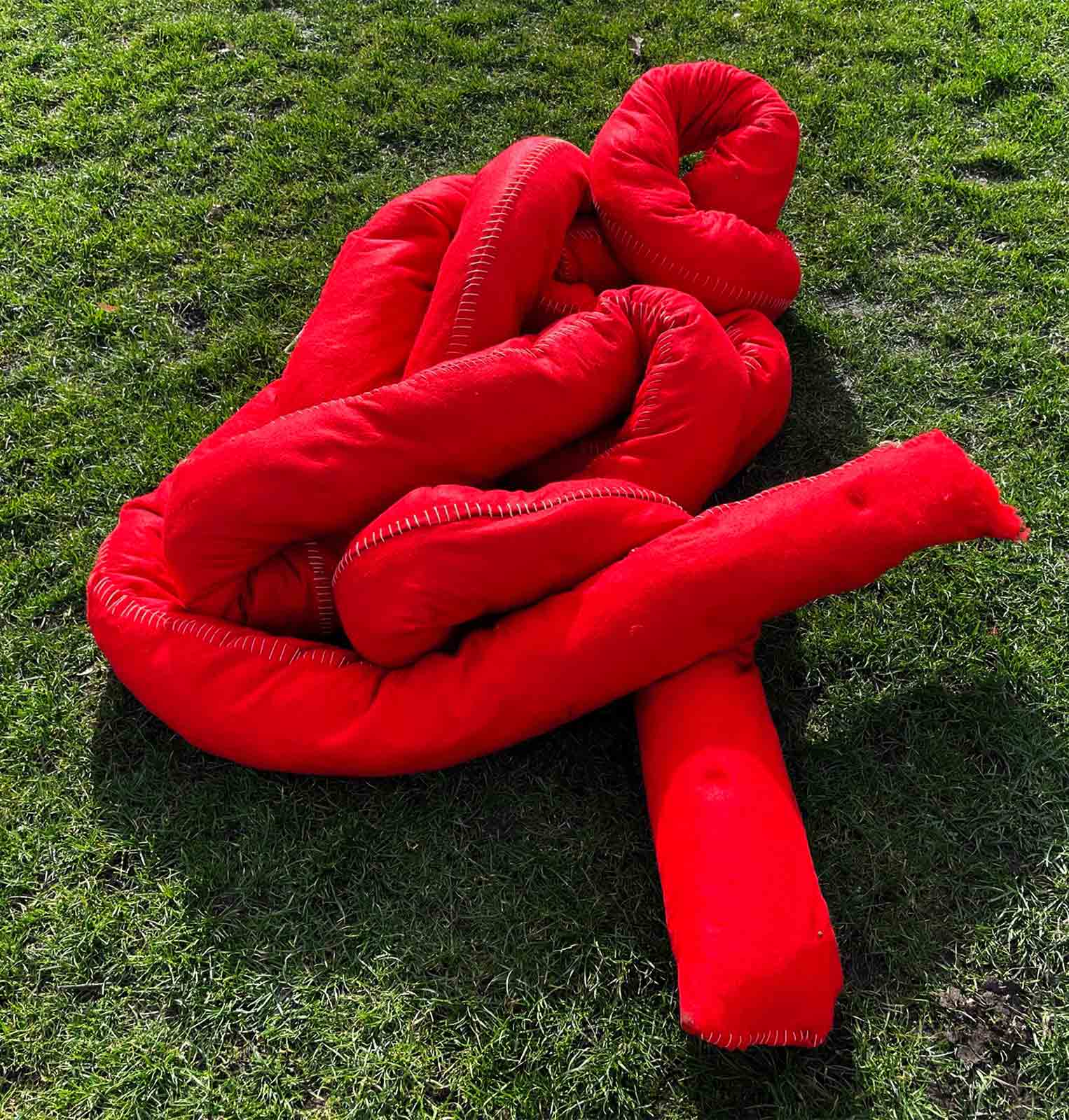 Red soft sculpture situated on grass. 
