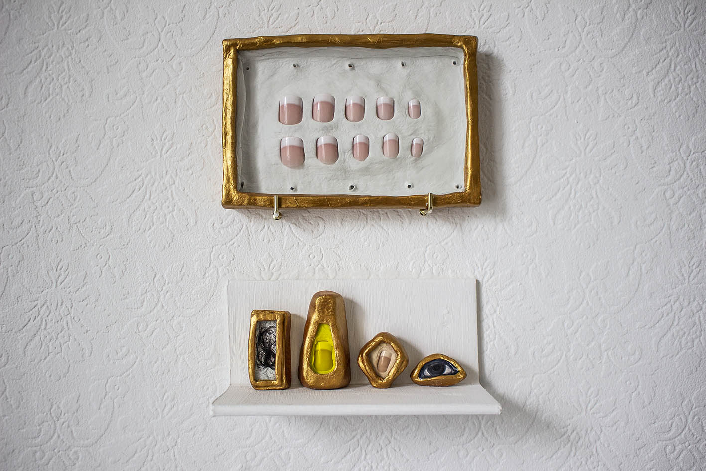 Relics, clay, false nails, liquid gold, hair, acrylic, varnish, 2021