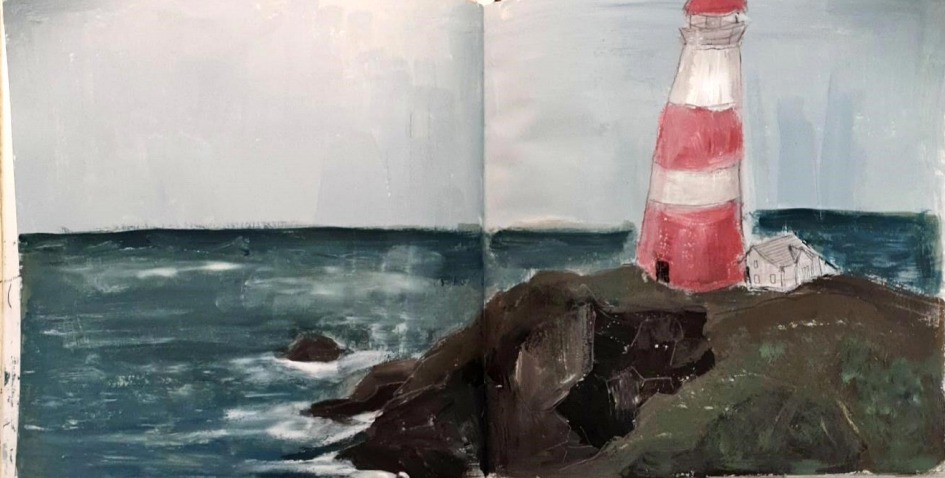 Concept art for the film, Background of a lighthouse by the sea. Oil pastel drawing 