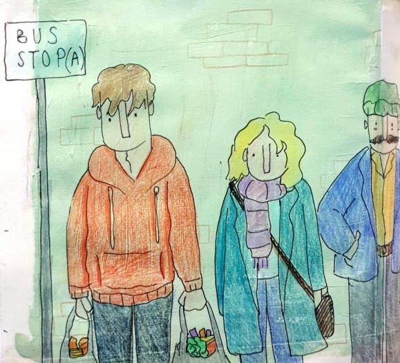Concept art for the film, Drawing of man and woman at a bus stop, coloured pencil 