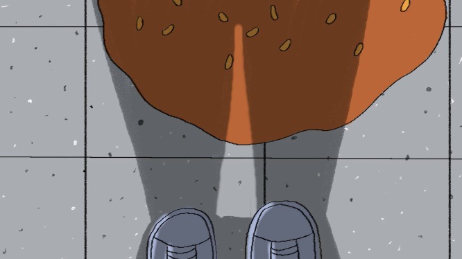 Screenshot from the film: A man stands beside a pool of baked beans 