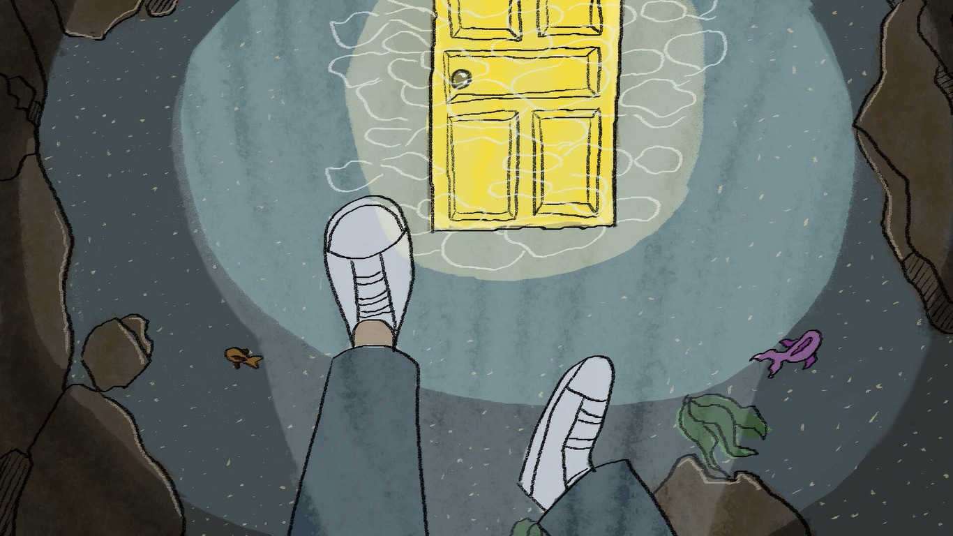 A screenshot from the film: POV of the 'His' legs underwater looking at a door 