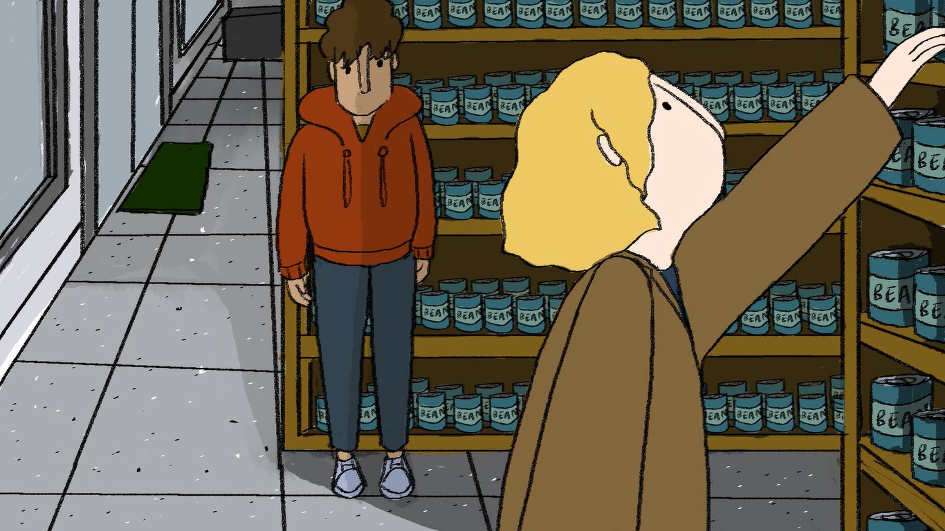Screenshot from the film: The woman reaches for a tin of baked beans while the man lingers