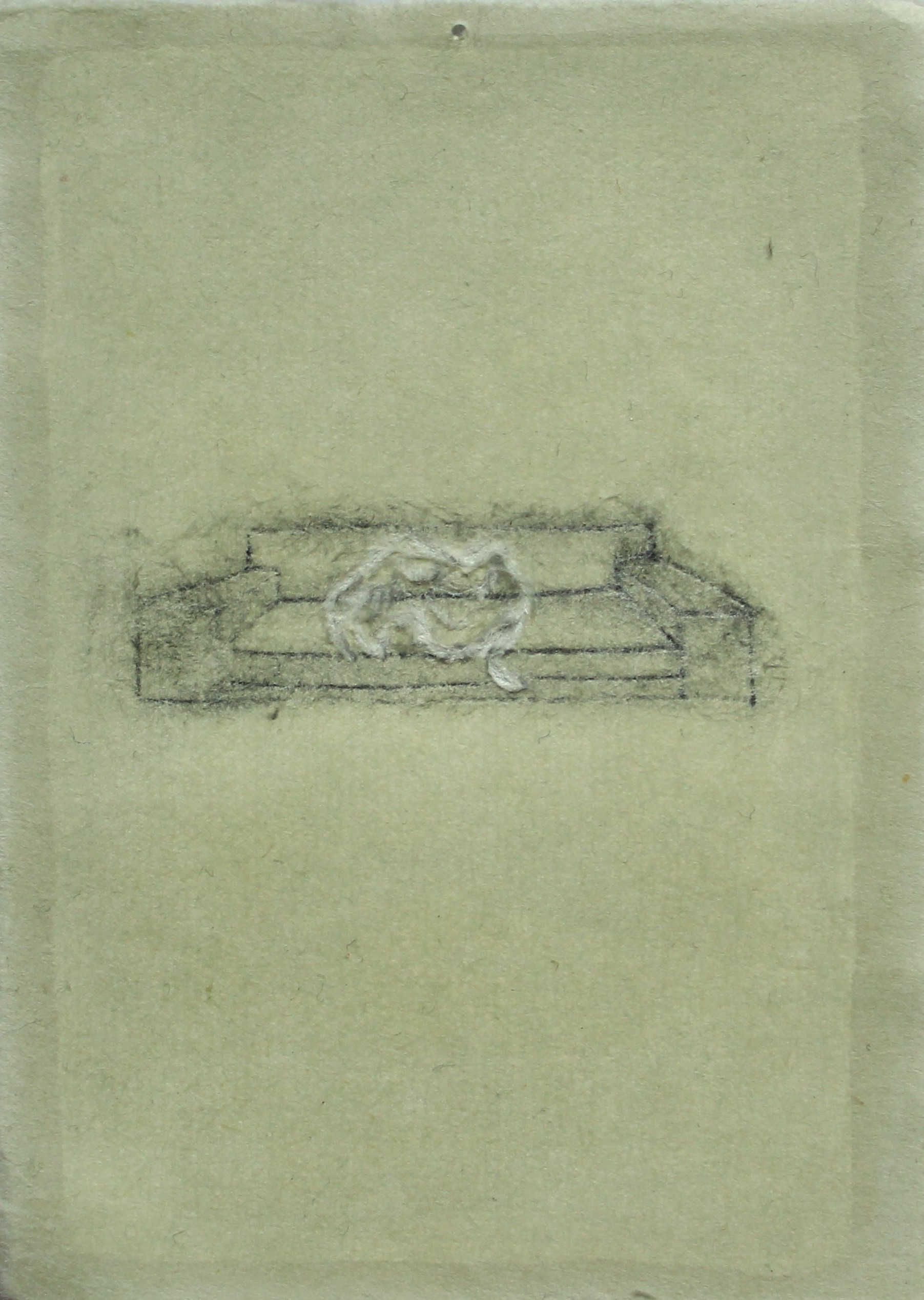 A drawing of an egg skin placed on a sofa, the sofa is drawn with 2B pencil on washi paper, and the egg skin is white and scratched into the paper.