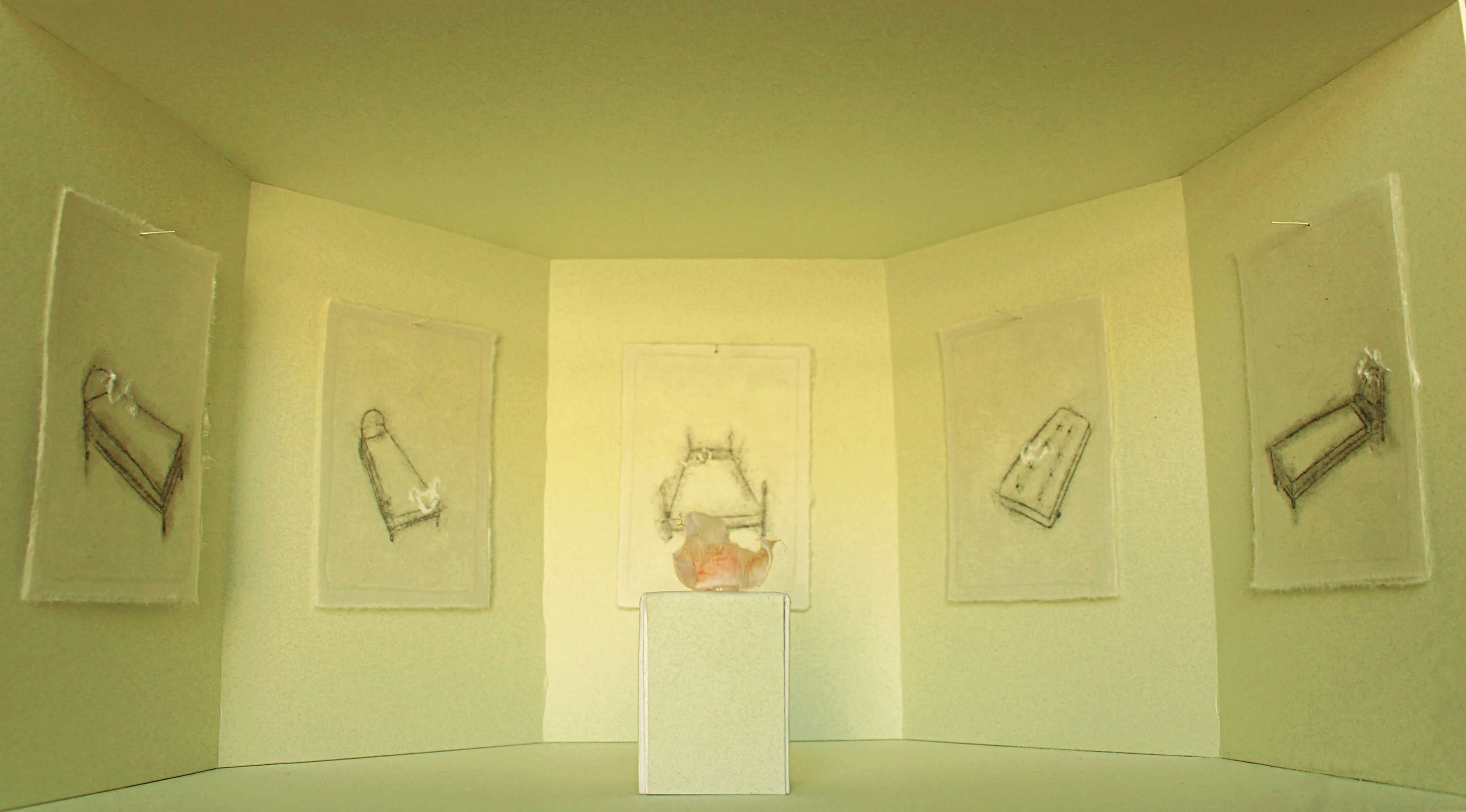 A grapefruit skin is sat on a green plinth, surrounded by drawings on green washi paper installed in a green room. 