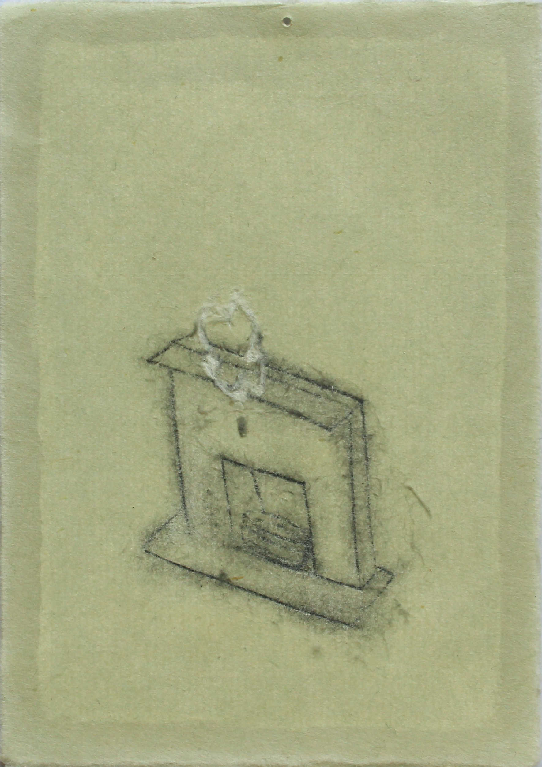 A drawing of an onion skin is placed on a fireplace, the fireplace is drawn with 2B pencil on washi paper, and the skin is white and scratched into the paper.