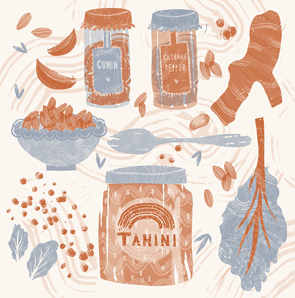 Digital spot illustration of a selection of ingredients for kale and quinoa salad, from my 2022 seasonal recipe calendar. The ingredients include tahini, kale, ginger, spices, garlic and chickpeas. In orange and blue. 