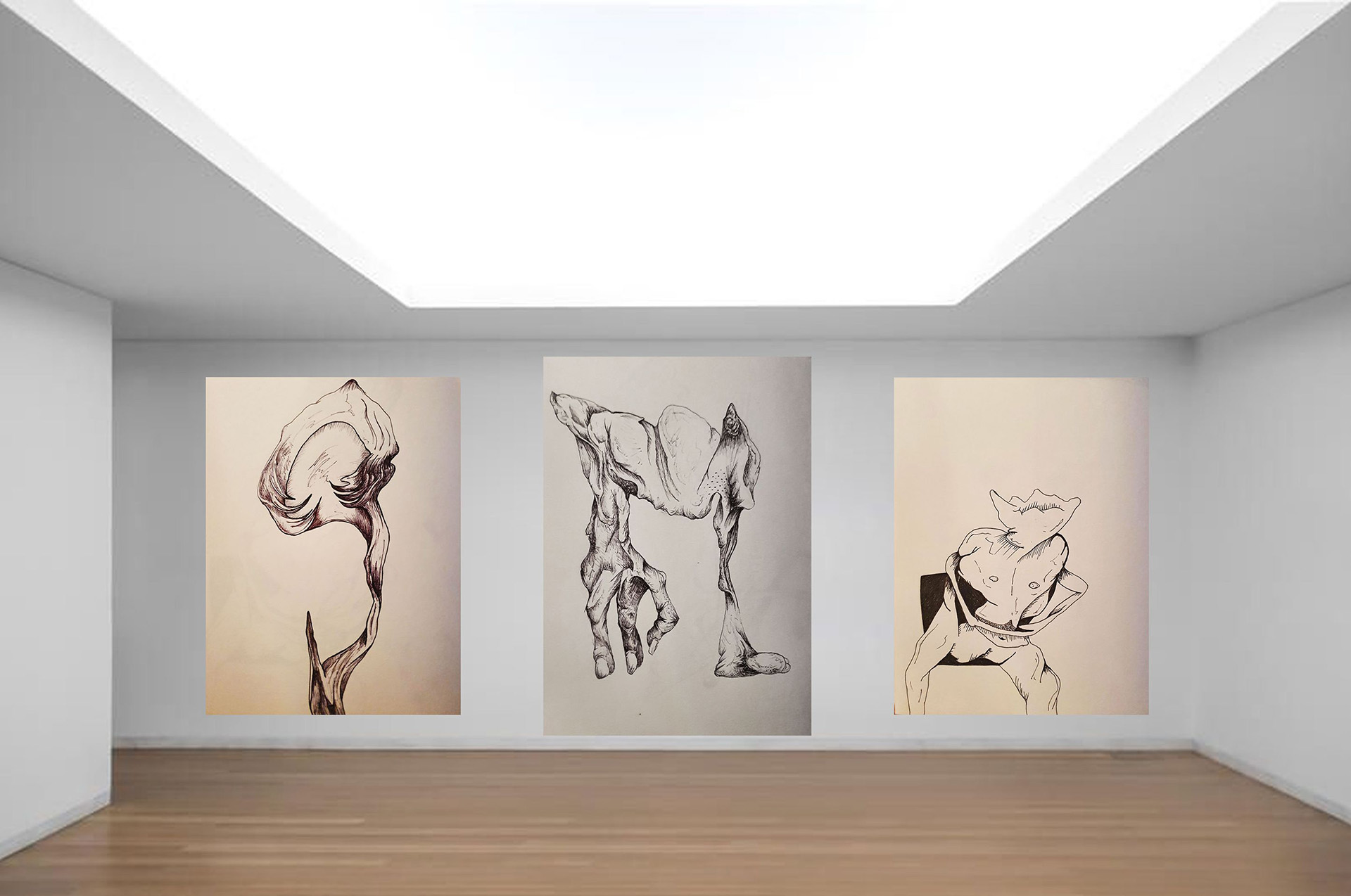 Ink triptych proposal. Each piece presenting slight organic, humanistic qualities