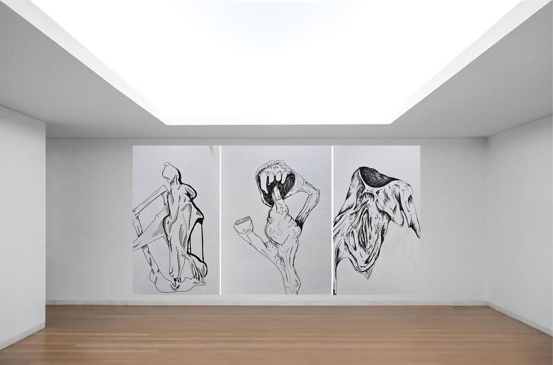 Ink triptych proposal. Each piece presenting slight organic, humanistic qualities