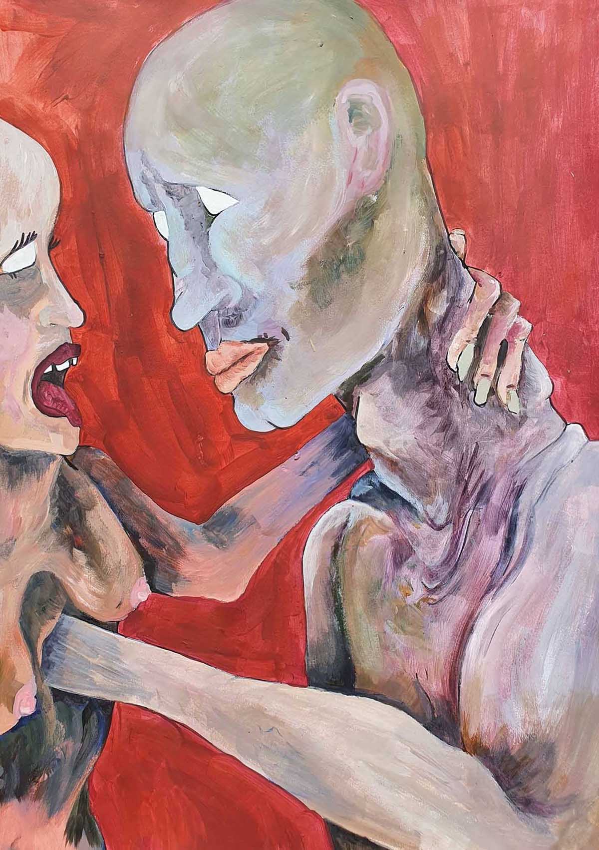 Painting of a man puncturing a woman's heart as she gasps