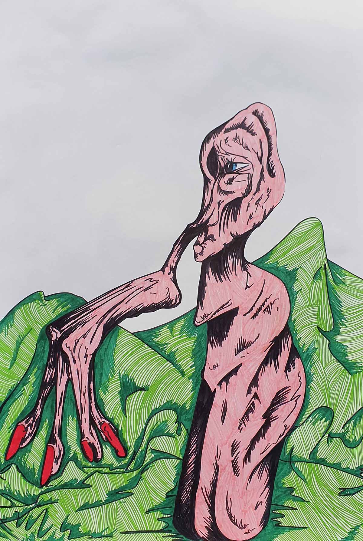 Being sits in front of hilled landscape, its nose becomes a four pronged hand